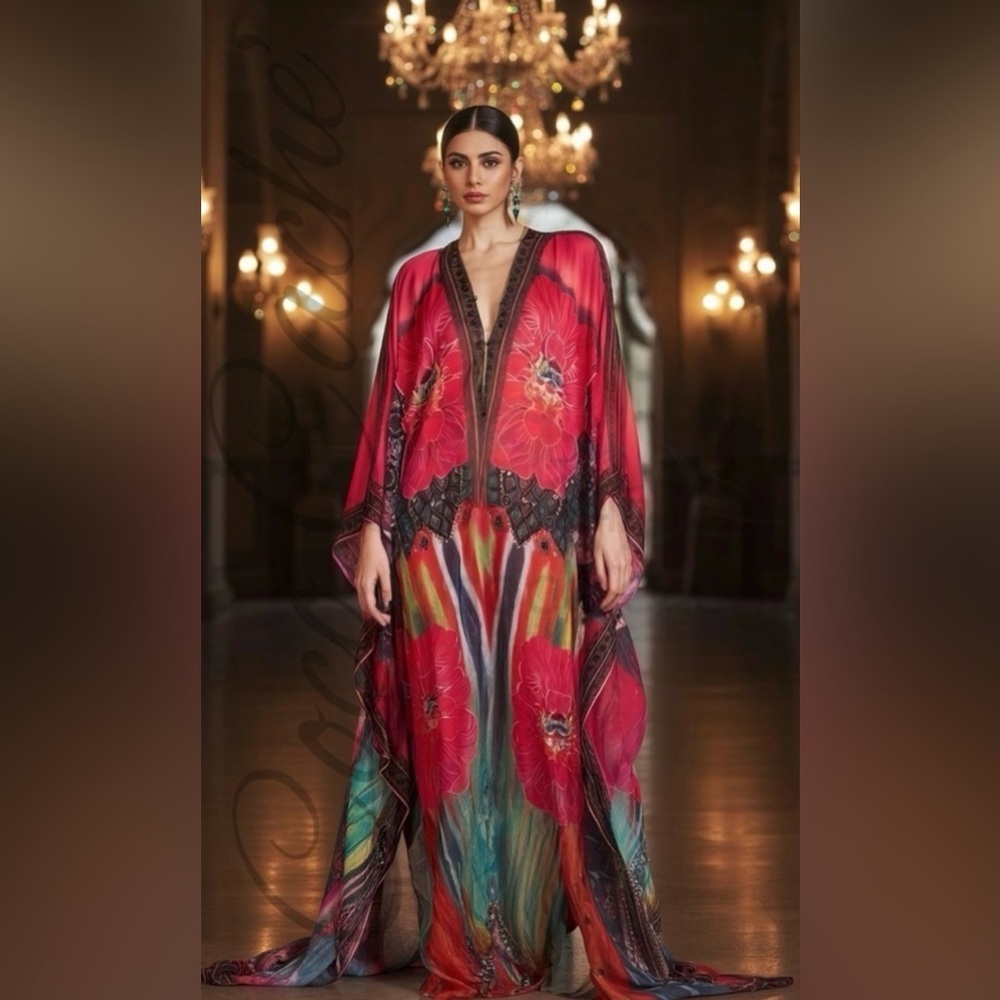 Elegant Floral Print Kaftan Oversized Maxi Kimono Tunic Poncho Coverup - Picture 2 of 14
